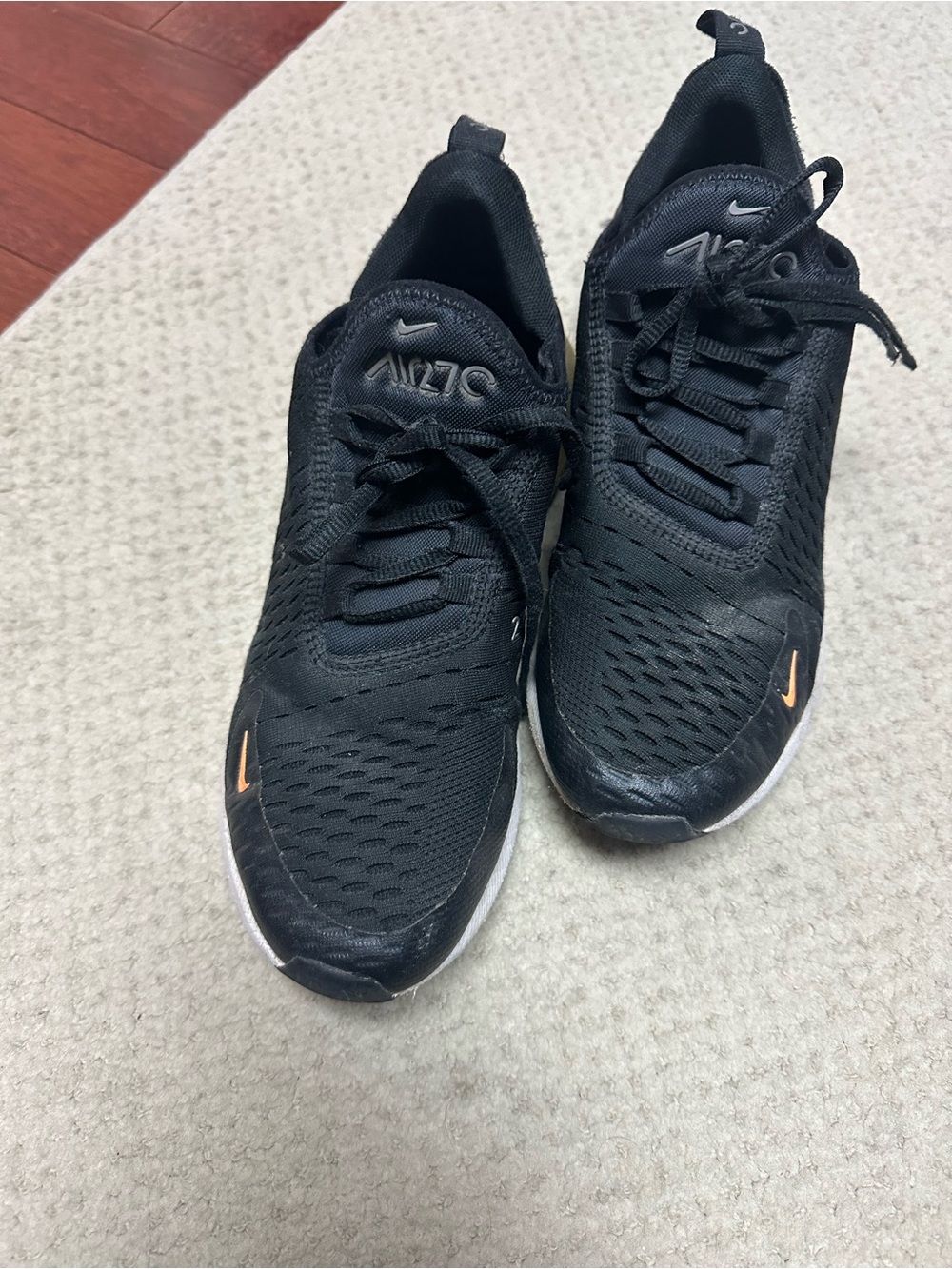Nike Youth 7 (fit women 7.5/8) Black Sneakers with Small Orange Swoosh
